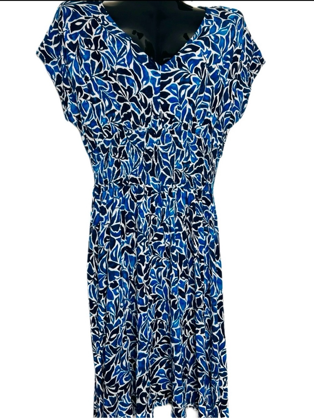 Blue Floral Print Women's Dress - Elegant V-Neck - Picture 12 of 14